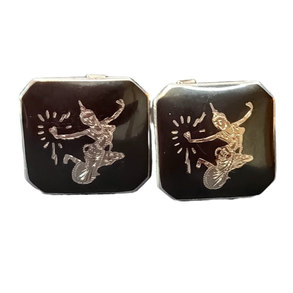 Siam Thailand Sterling Silver Black Niello Goddess Dancer Cufflinks